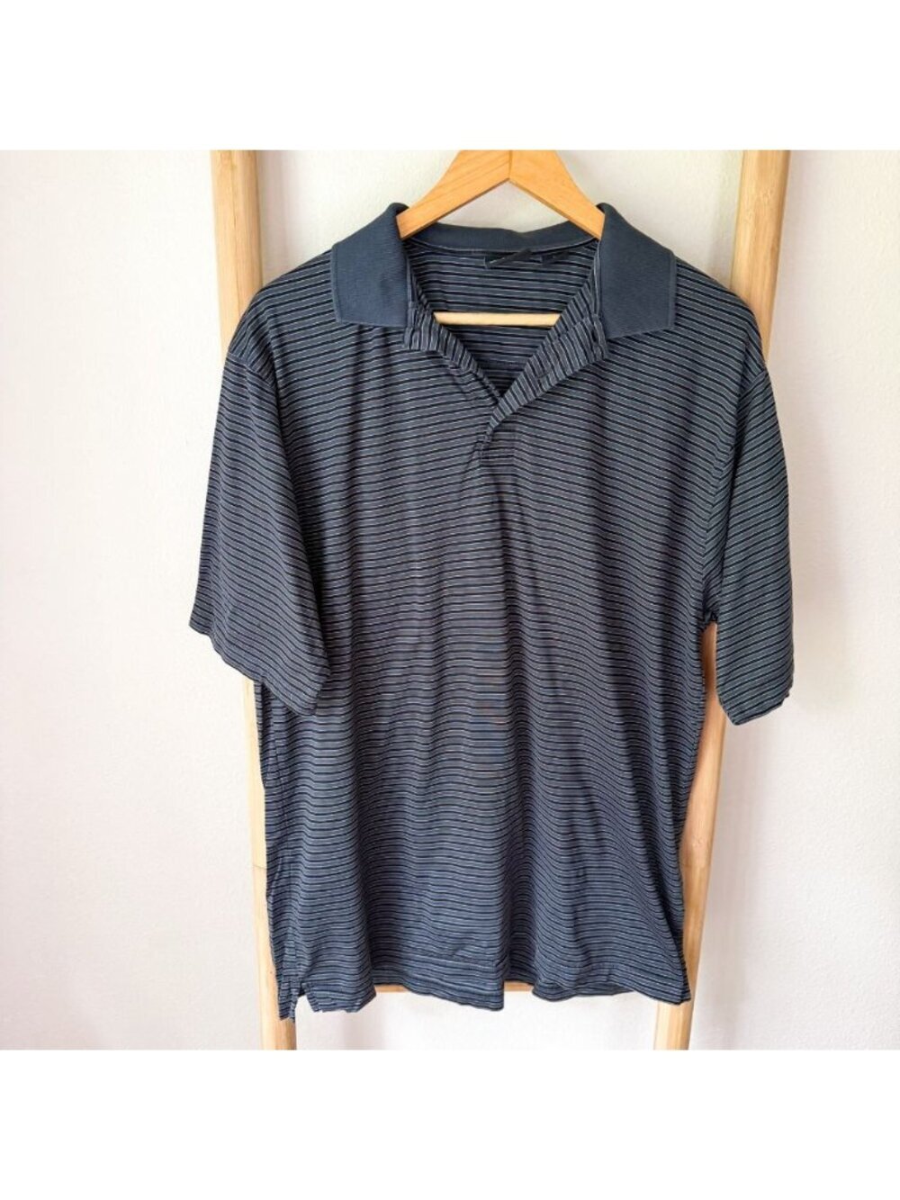 Mercedes-Benz Striped Polo Shirt Gray Blue Black Short Sleeve Cotton Men’s Large